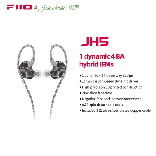 FiiO JH5 1DD + 4BA auriculares intrauditivos híbridos de 5 controladores HiFi, Cable desmontable de 2 pines de 0,78mm enchufe de 3,5mm para IOS/Android