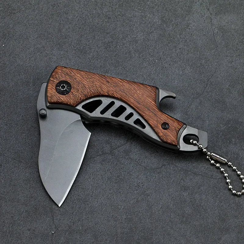 Portable Folding Knife, Stainless Steel Blade, Wooden Handle, Keychain Pendant, Travel Camping Tools, Holiday Gifts