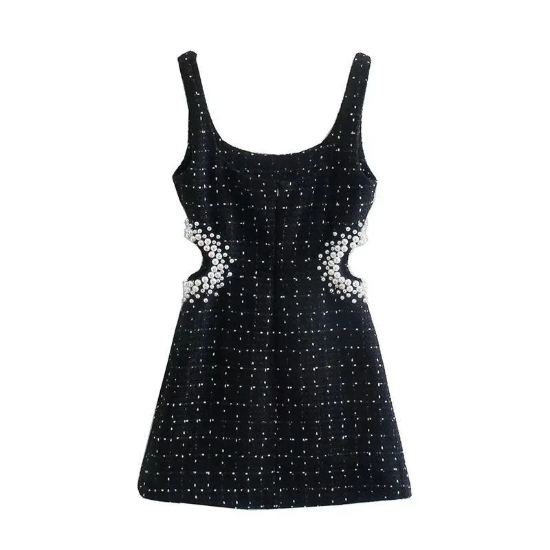 

Women's Casual And Fashionable Pearl Embellishment Texture Hollowed Out Suspender Dress