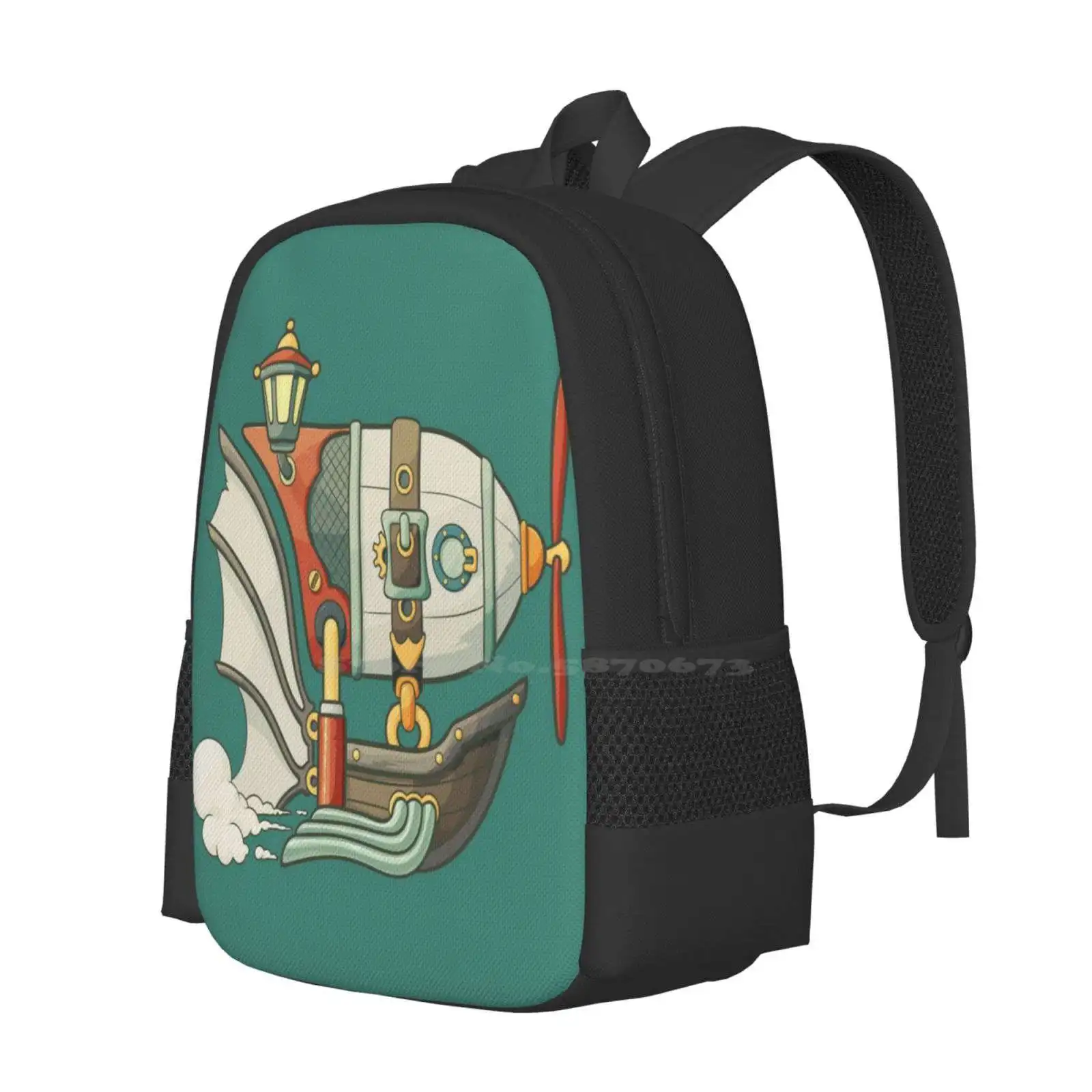 Steampunk Airship Hot Sale Schoolbag Backpack Fashion Bags Vector Icon Retro Vintage Cartoon Airship Flight Travel Fantasy