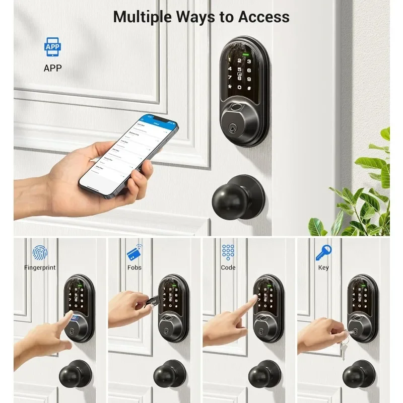 2 Knob Handle Set, Fingerprint Keyless Entry, App Control Biometric Door Lock, Electronic Digital Touchscreen Keypad Deadbolt