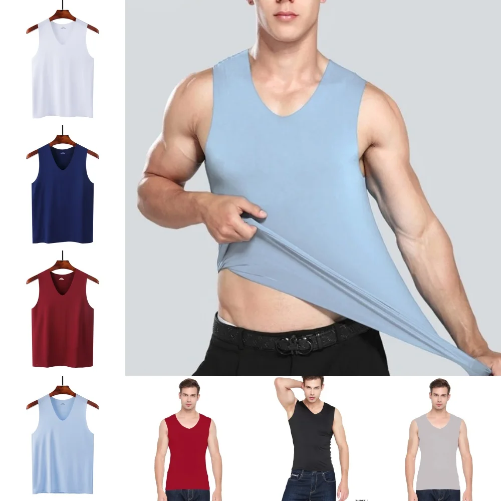 8Pcs Men's Clothing V Neck Ice Silk Undershirt Summer Fitness Tank Top Soft Sleeveless Workout T-Shirt Slim Fit Muscle Men Vest