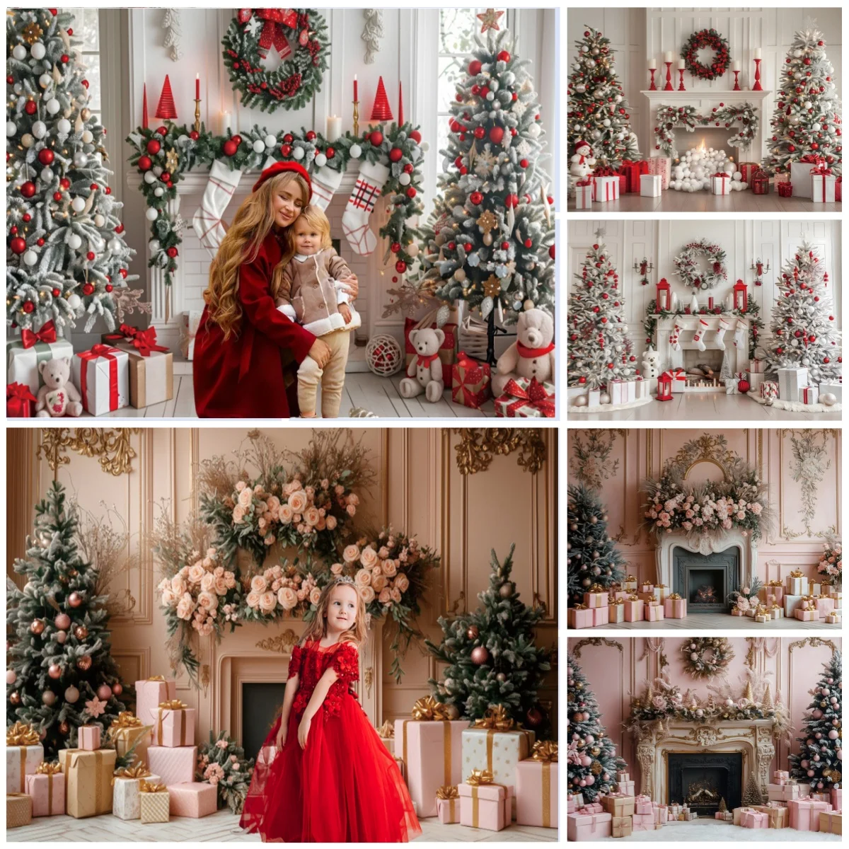 

Christmas White Fireplace Backgrounds For Photograph Gifts Christmas Tree Family Part Eve Decoration New Year Backdrop Cover ﻿