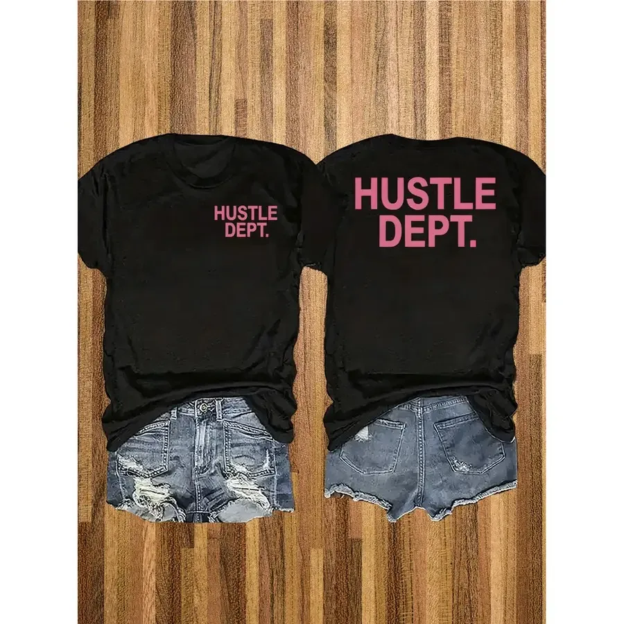 【New Arrival】Women Hustle Dept Front Back Print Bold Pink Letter Graphic T Shirt Hustle Department Motivational Casual Cotton Short Sleeve Tee