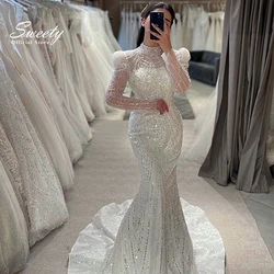 High-Neck Wedding Dress Luxury Lace With Beading Mermaid Ball Gown Full Sleeve Bride Dress Button Vestido De Novia Customized