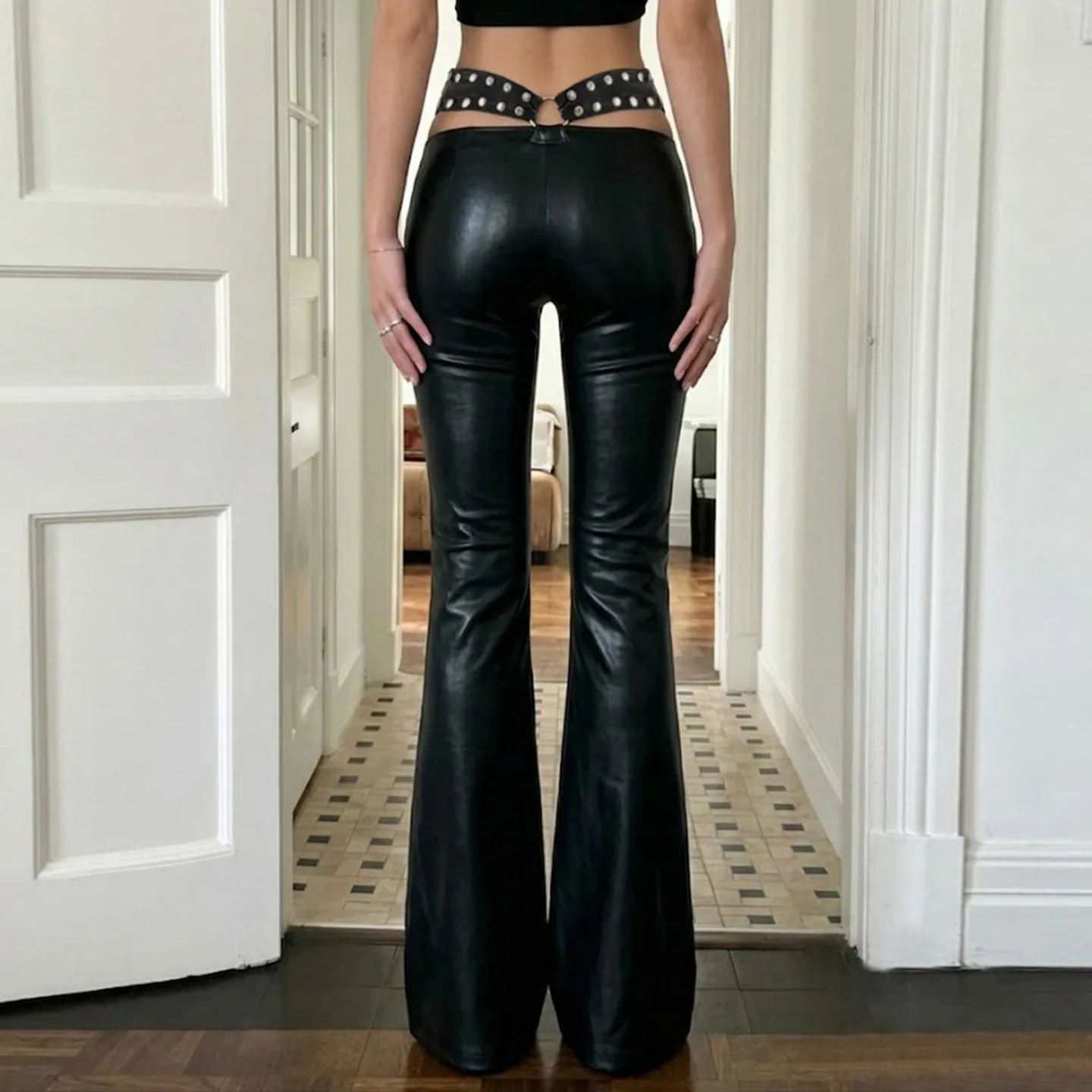 Punk Street Style Low Waist Metal Buckle Sexy Flared Pu Leather Pants Design Leather Trousers Women