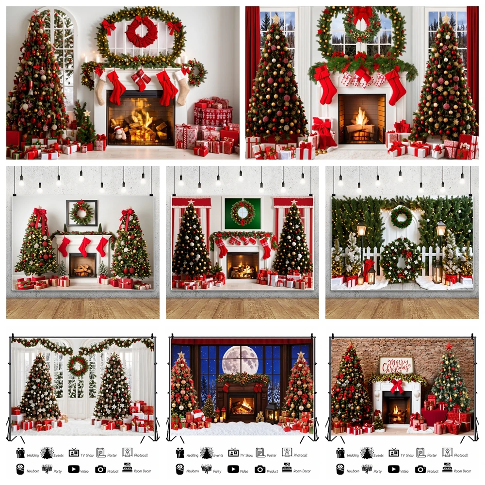 メリークリスマス屋内シーン写真撮影背景暖かい暖炉と靴下クリスマスツリー装飾家族の肖像画撮影背景