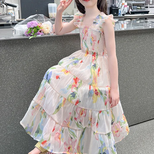 Girls Dress 2024 Summer New Childrens Clothes Western Holiday Style Beach Strap Floral Princess Dress Casual Simple Daily image 5