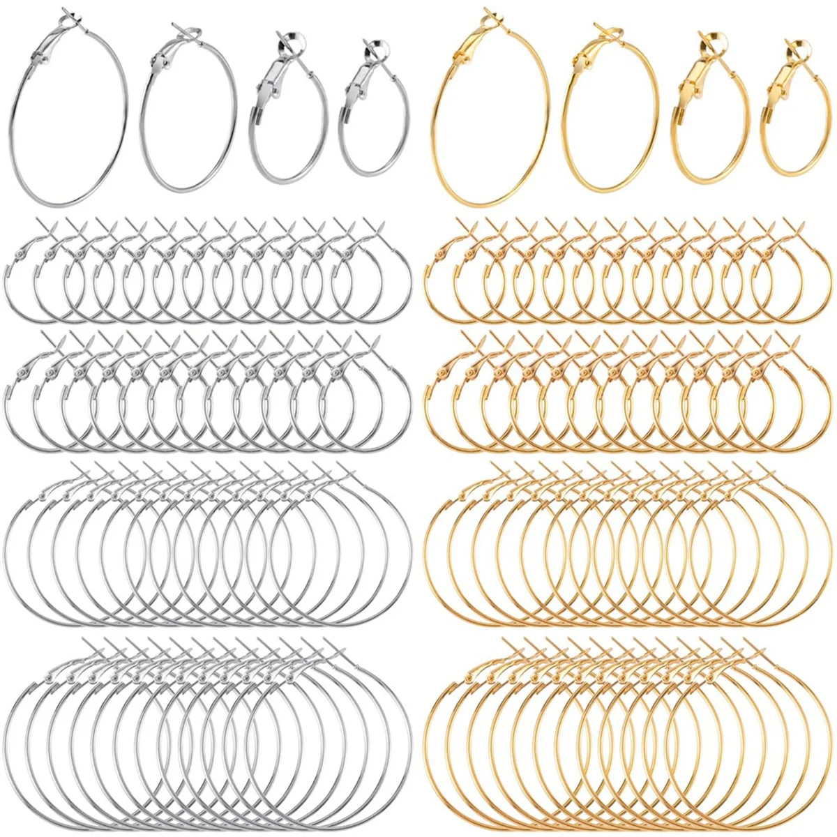 New 96Pcs Hoop Earrings Finding, for Jewelry Making, Gold Silver Open Beading DIY Earrings Craft Art Accessories