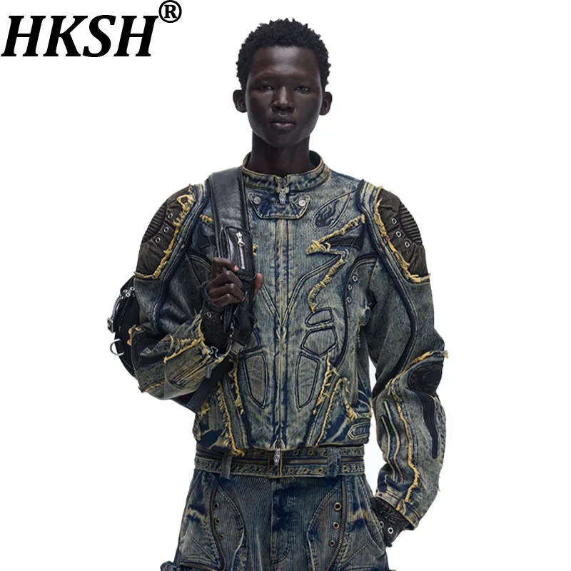 HKSH Spring Autumn Winter New Men Tide Punk Tiger Stripe Embroidered Double Denim Jackets Patchwork Chic Ins Coats Vibe HK16715