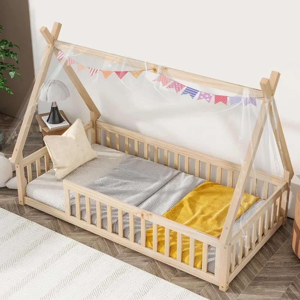 Twin Montessori Floor Bed Frame with Railings and Roof, Montessori House Bed for Kids, Wood Tent Floor Bed,for Girls and Boys