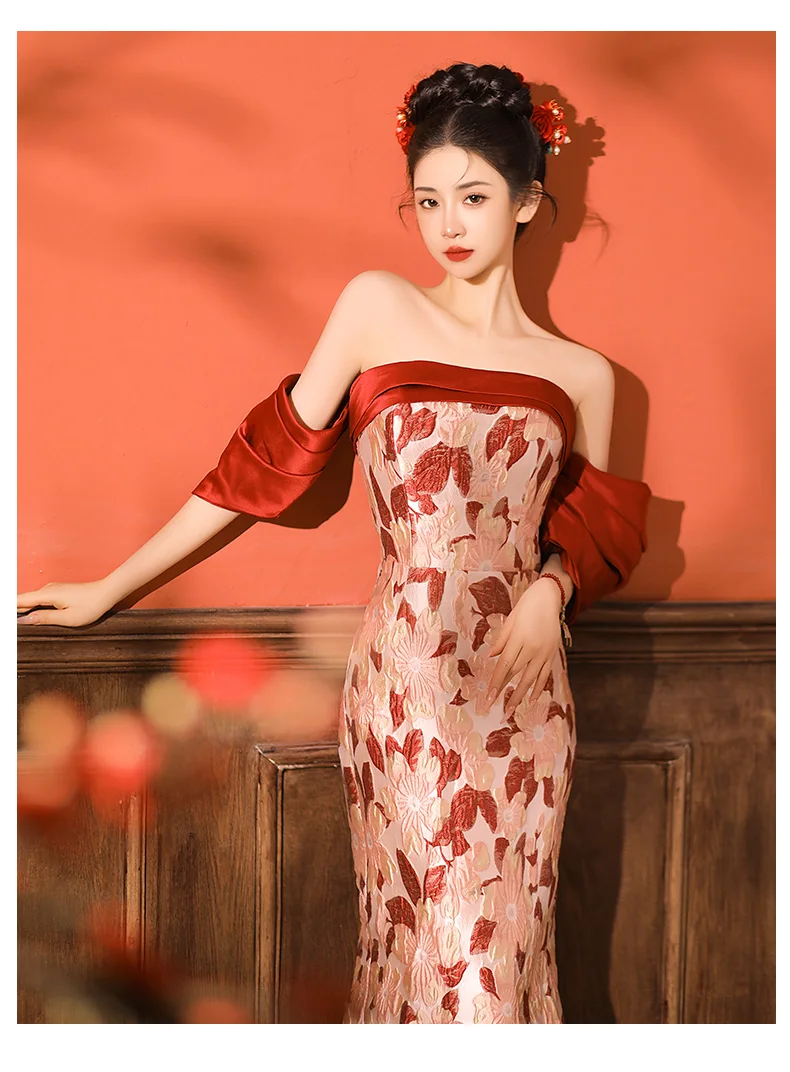 

New Chinese Style Bridal Dresses Summer Off Shoulder Mermaid Dress Luxury Customize Wedding Banquet Evening Female Gowns