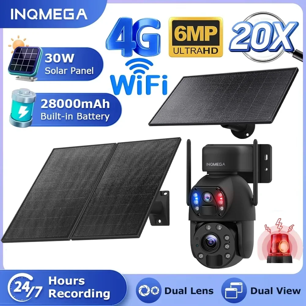 

INQMEGA 6MP Solar Camera 4G/WIFI 20x Zoom 30W Solar Panel Outdoor Security Camera Built-in Battery 28000mA Battery PTZ Camera