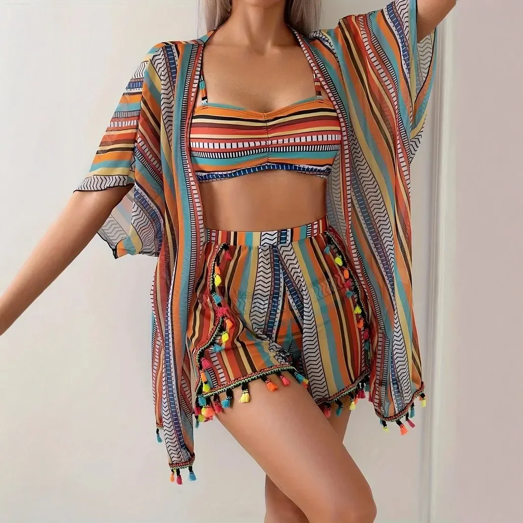 Bohemian Style Print Swimsuit Set Women Bikini Sun Protection Cardigan Tassel Shorts Four Piece Sets Beachwear Swimsuits Female