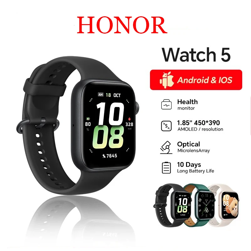 

HONOR Watch 5 Смарт-часы GPS Монитор кислорода в крови 1,85-дюймовый AMOLED-дисплей Аккумулятор 480 мАч Срок службы батареи 15 дней 5 АТМ Часы Bluetooth