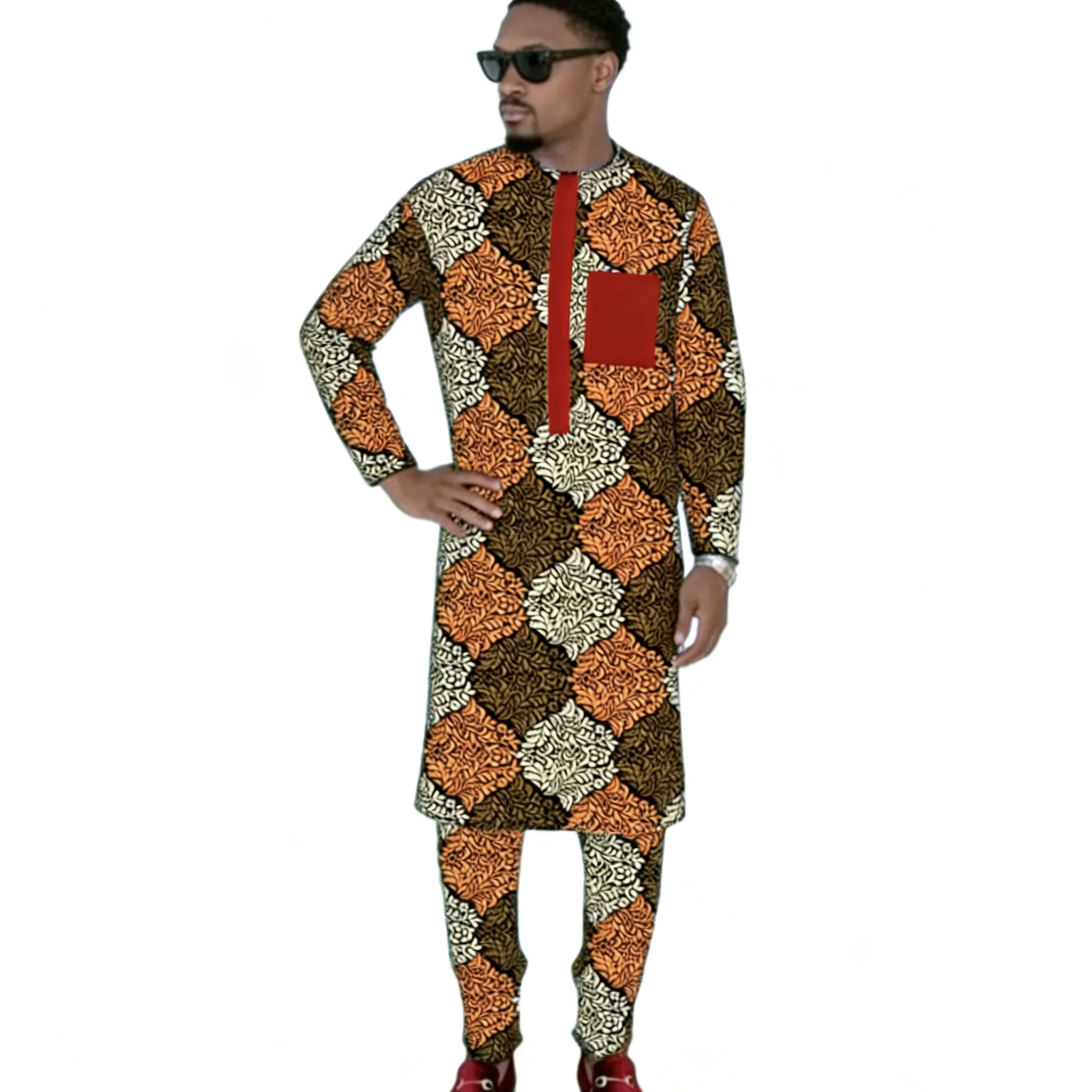 Original Design Print African Couture O-Neck Men’s Set Long Shirt Patch Elastic Waist Pants Tailored Traditional Party Wear