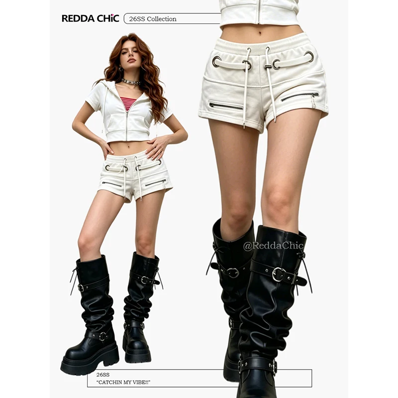 ReddaChic Women's Low Rise Sweat Shorts Summer Vintage Drawstring Eyelets Zipper Details Cargo Pants Casual Hiphop Streetwear