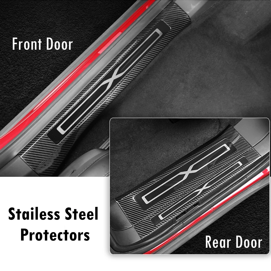 6PCS Stainless Door Sill Protectors for Tesla Model X 2018-2024 Carbonfiber Pattern Front Rear Door Welcome Pedal Covers