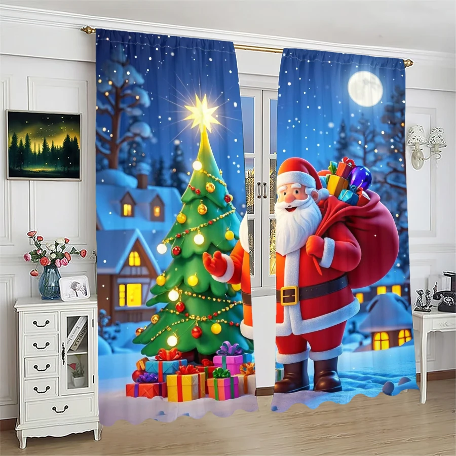 2PCS- Christmas Santa Claus Christmas tree pattern printed curtains, Christmas decorations, home decorations, room decorations