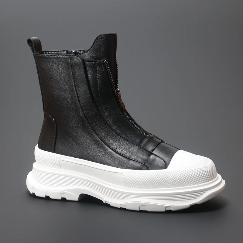 

Men's tide shoes high top boots casual cowhide leather breathable thick soled height raising fashion boots