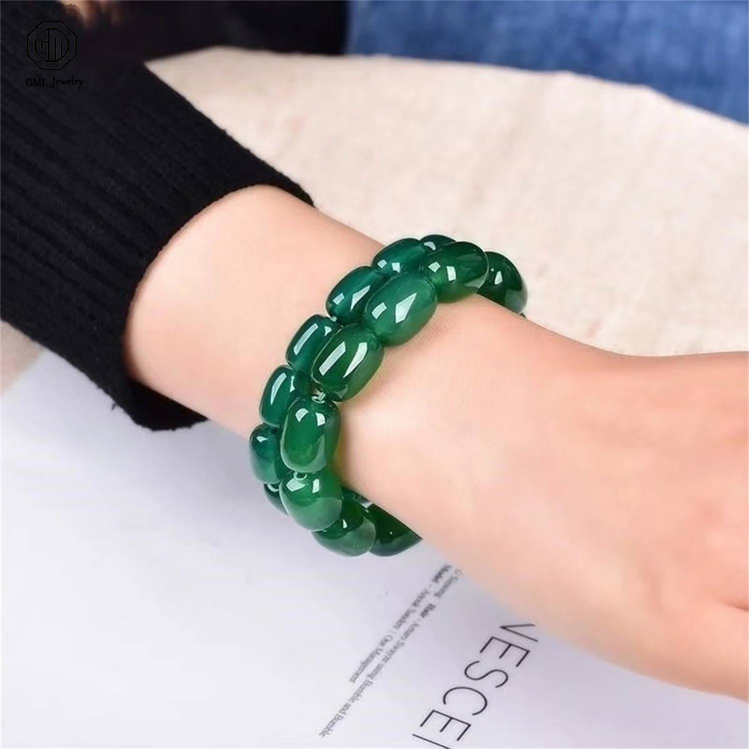 Natural Green Agate Barrel Cylinder Beaded Bracelet Unisex Minimalist Versatile Design Round Stone Stretch Cord Men Women