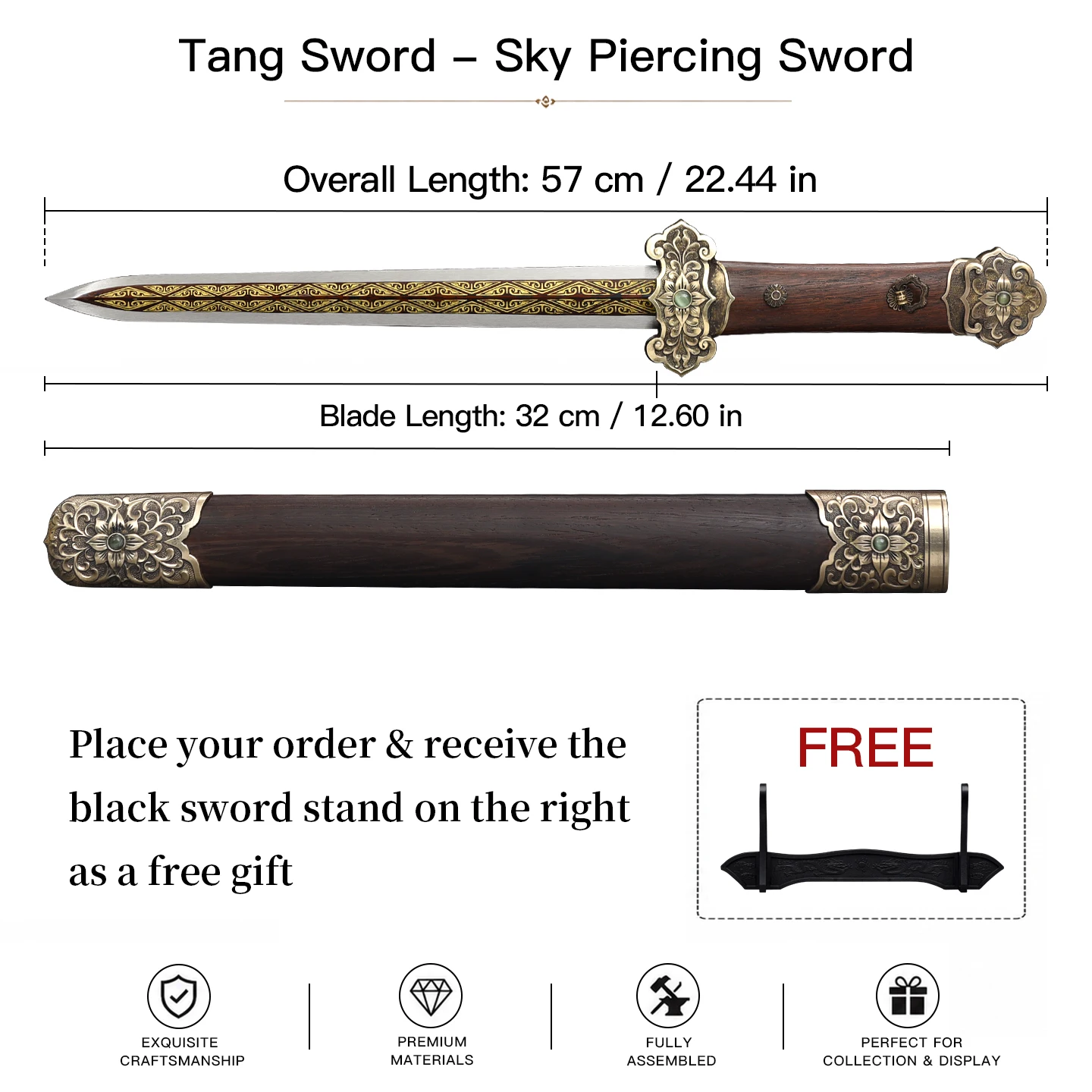 Handmade 57cm Sky Pierc Small Tang Jian Sword Manganese Steel Short Blade Antique Bronze Alloy Fittings Solid Rosewood Saya Mini view 2
