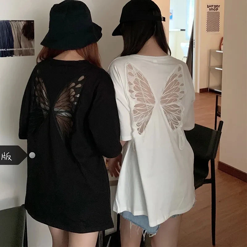 Butterfly Hollow T-Shirt Women Black White Casual Loose Straight Harajuku Tops Fashion High Street Basic Female Pretty Style Tee