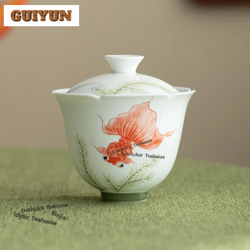 Hand-painted Fish Playing With Algae Gaiwan Ancient Tea Tureen Tea Bowl With Lid Kit Tea Making Cover Bowl Tea Services Craft