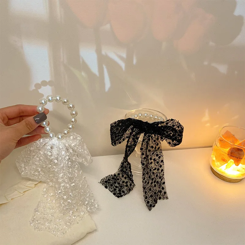 

Premium Lace Pearl Hair Ring with Ribbon for Women Summer Ponytail French Style Ethereal Soft Elastic Daily Headwear
