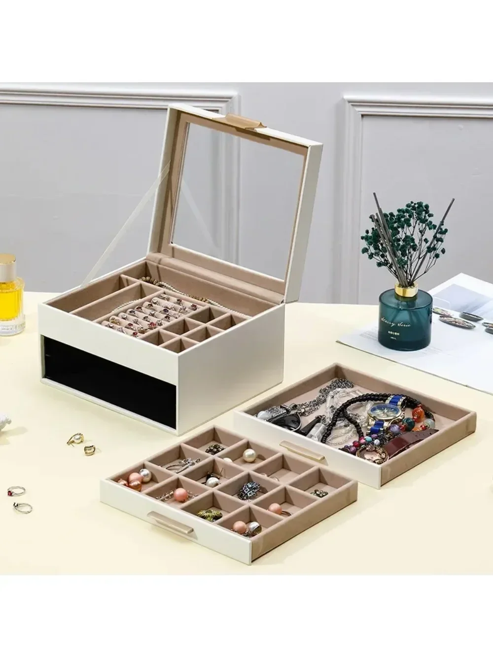 

High-Grade Large-Capacity Three-Layer Princess Rectangular PU Velvet Paper Layers for Earrings Ring Necklace Bracelet Storage