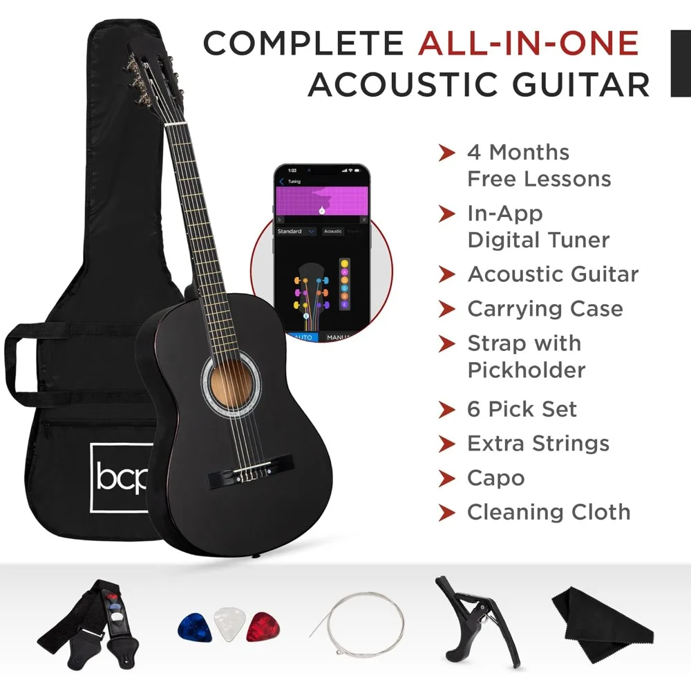 

38in Beginner All Wood Acoustic Guitar Starter Kit w/Gig Bag, 6 Picks, Nylon Strings, Strap w/Pick Holder - Black