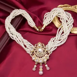 sunspicems Morocco Pearl Choker Beads Chain Neckalce Crystal Pendant Gold Color Arabian Bridal Wedding Jewelry Algeria Bijoux