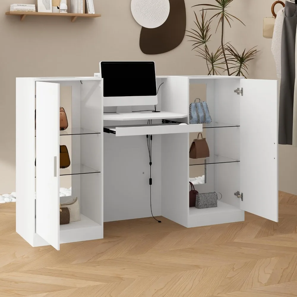 Reception Desk with Counter, 59.1 inch Front Desk with LED Light & Glass Display Shelf, Reception Room Table with Cable Grommet,