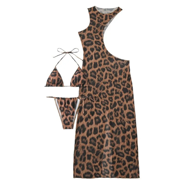 XS - XL Neckholder Leopard mit Cover Up Bikini Damen Bademode Damen Badeanzug Dreiteiliges Bikini-Set Badende Badeanzug Schwimmen
