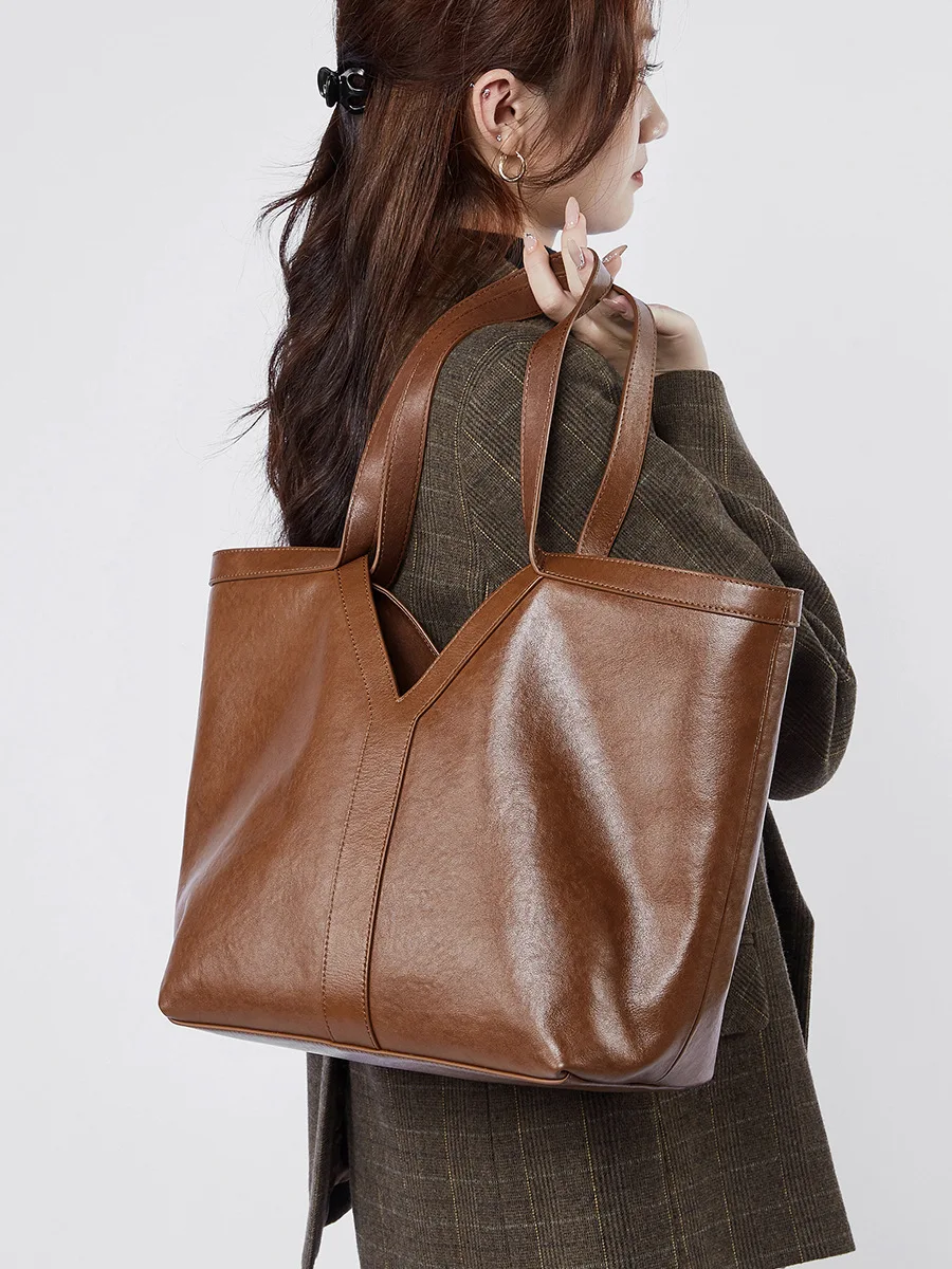 

Simple leather tote bag shoulder large capacity women's armpit bag handbag cowhide