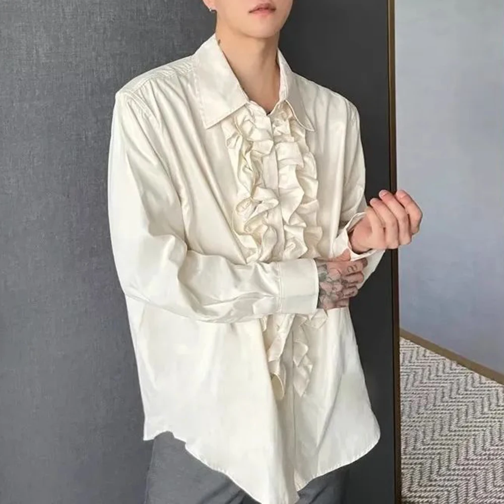 

Mens Palace Style Ruffled Long-Sleeved Shirt 2024 New Genderless Medieval Pleated Loose Retro Solid Color Stage Clothing Unisex