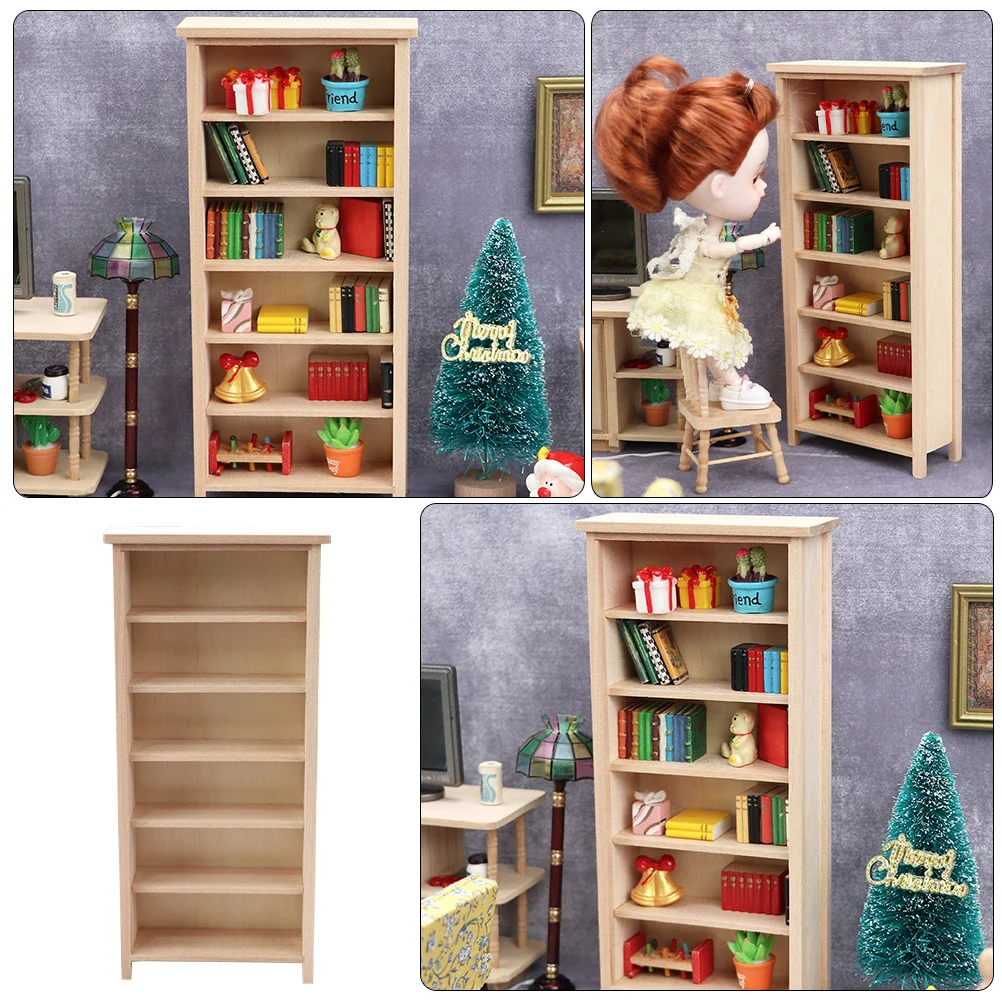 Mini Bookcase Study Shelf Miniature Vertical Furniture House Accessory Toys Solid Wood Micro Scene Bookshelf Model