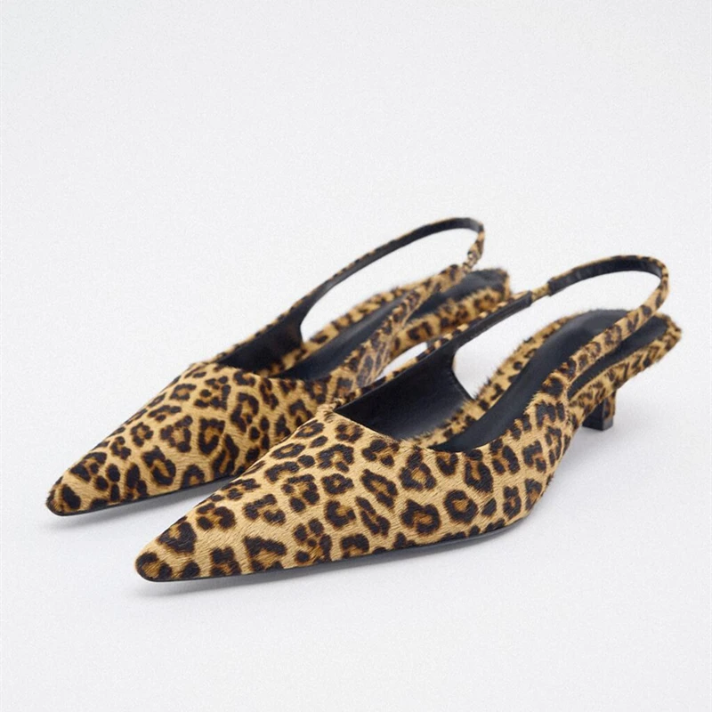 2024 Summer New Women's Shoes Leopard Print Animal Print Low Heel Sandals Pointed High Heels Sandalias Slingbacks Pumps Shoe