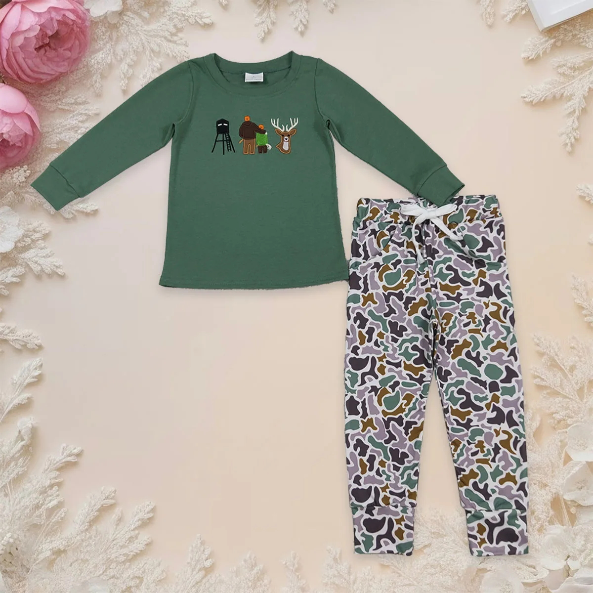 

Baby Boy Embroidery Deer Hunting Set Kids Pullover T-shirt Children Tops Camo Pockets Jogger Pants Toddler Outfit Wholesale
