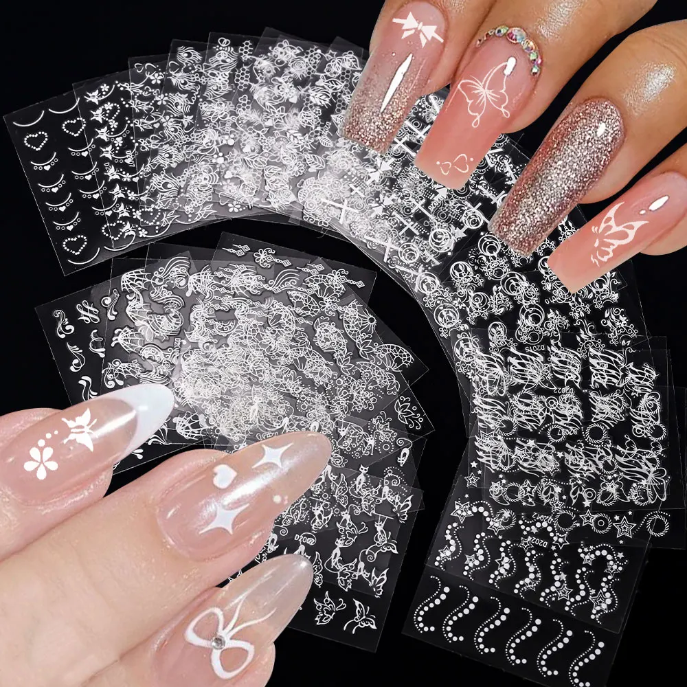 30Pcs Bronzing French Line Heart Nail Art Sticker 3D Star/flower/Leaf Adhesive Decals Butterfly Bow Laser DIY Manicure Sliders