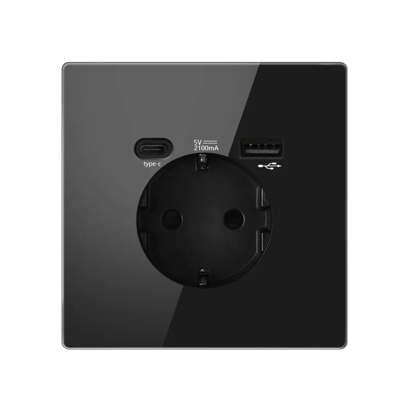 PC Tempered Glass Wall EU Socket 86 Type Concealed Ultra-Thin Flat German Socket USB type-c 5v 2.1A Power Fast Charging Socket