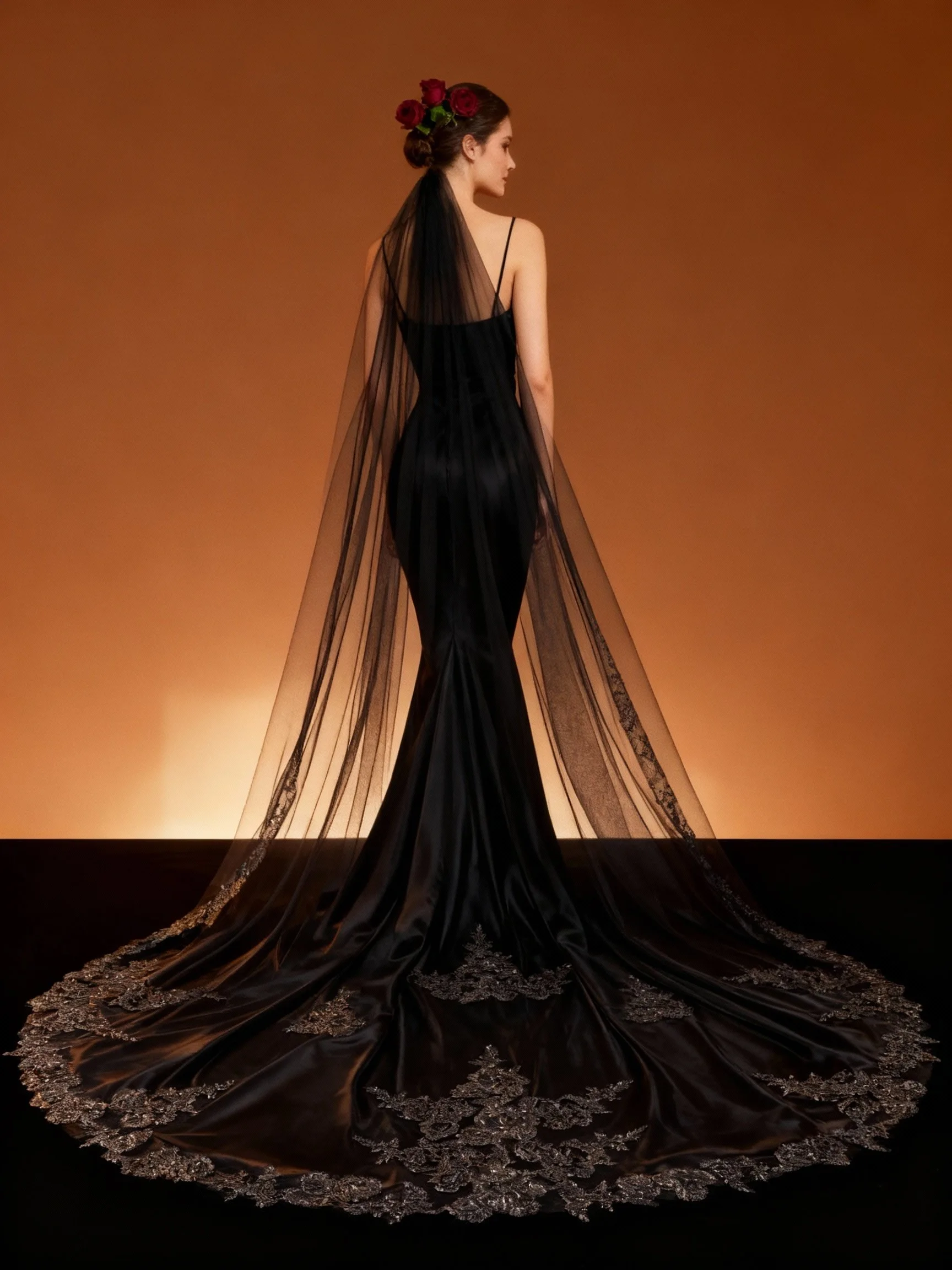 

Veil &Vow Черная соборная свадебная фата с кружевной аппликацией - роскошная свадебная фата из прозрачного тюля для невесты