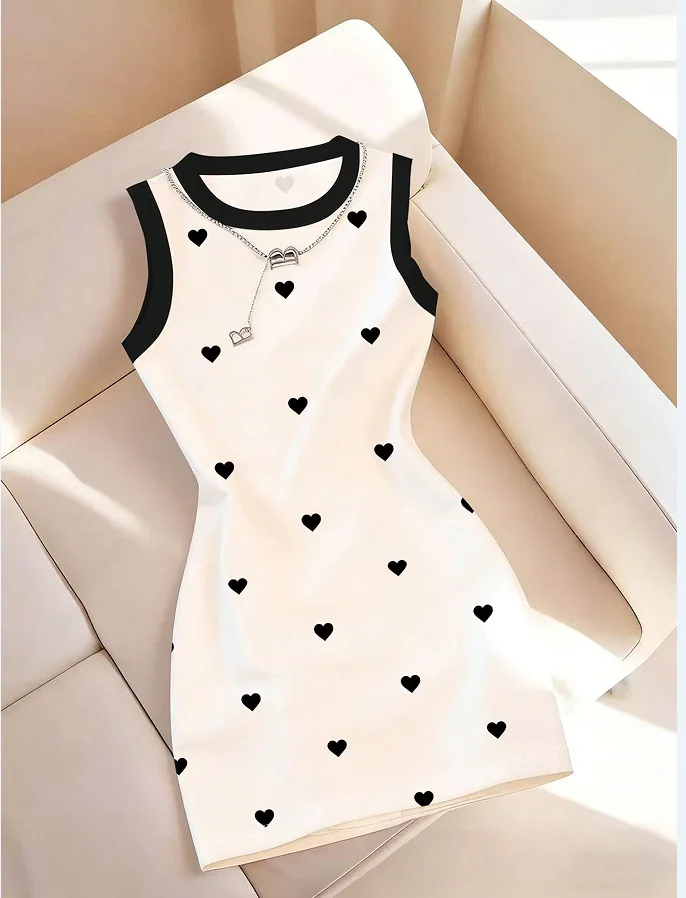 Women's Sleeveless Bodycon Mini Dress round Neck Striped Heart Print Slim Fit Casual Tank Dress for Party Short Dresses