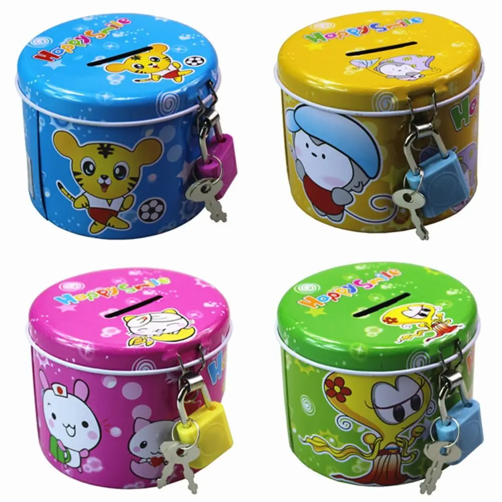 With Lock and Key Tinplate Piggy Bank High Capacity Cartoon Print Design Coin Savings Box Iron Art Cute Kids Storage Jar
