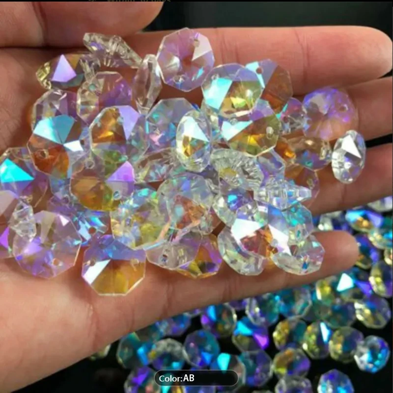 100Pcs 14mm Colorful Octagon Crystal Beads DIY Chandelier Parts Replacement Prisms For Light Fixtures Glass Hanging Pendants