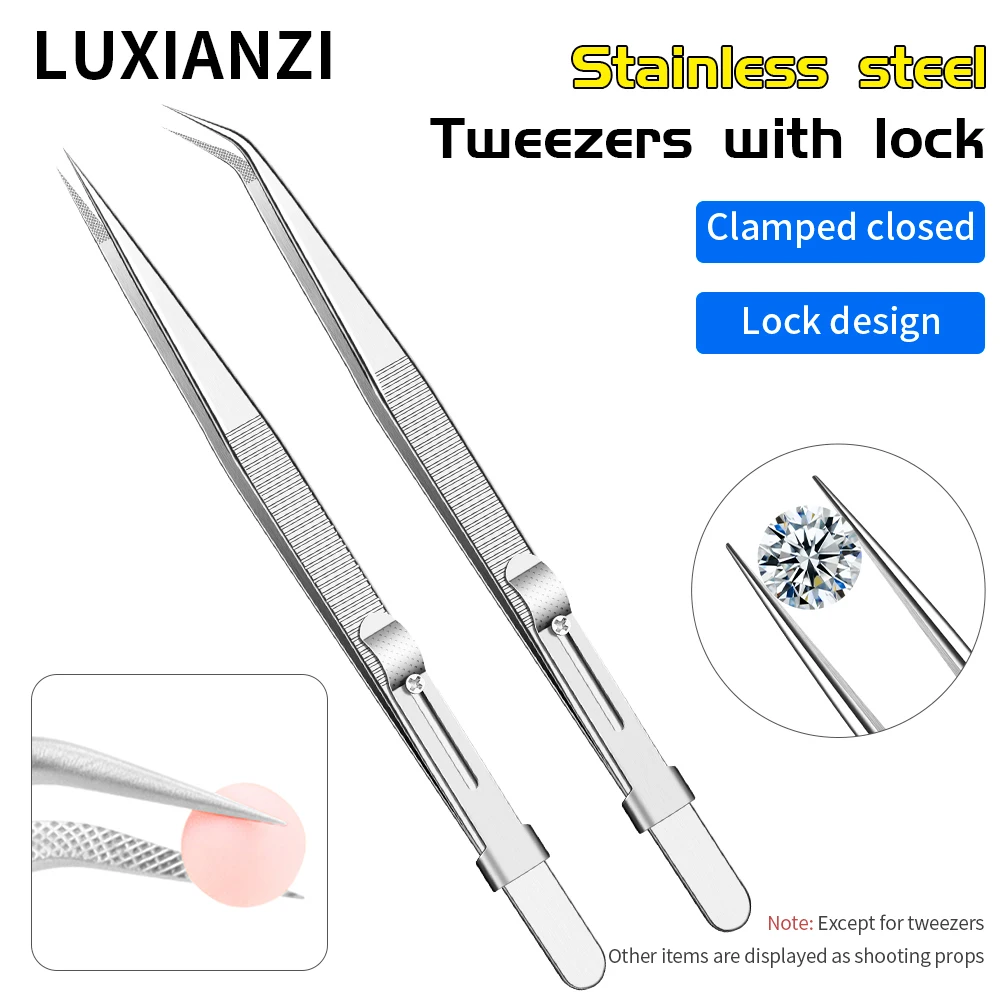 LUXIANZI Precision Stainless Steel Tweezers Jewelry Diamond Craft Making Electronic Repair Tools Adjustable Slide Lock Forceps