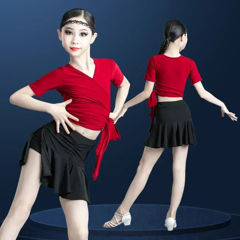 

Latin dance clothes for girls and children Summer split short sleeved Latin dance clothes Training clothes suit Children's