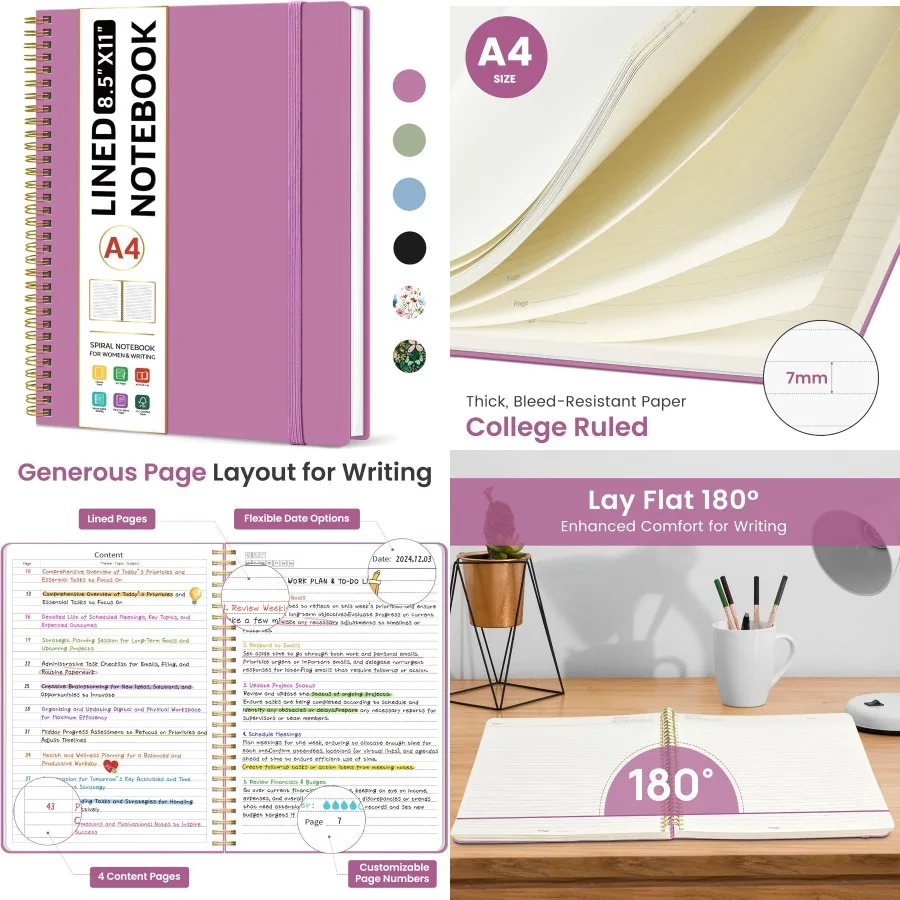 

Блокнот со спиральной подкладкой 8,5x11 для работы и учебы Большой журнал формата А4 со страницами в линейку колледжа Прочная пластиковая обложка в спиральном переплете Нет