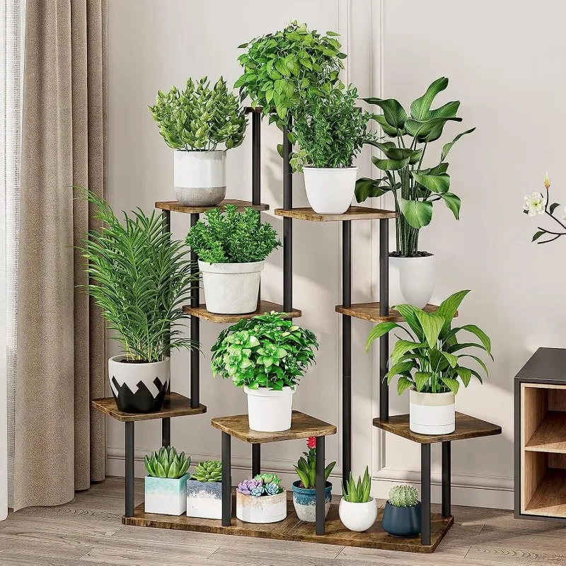 

9 Tier Wood Tall Plant Stand Metal Rack Indoor, Multiple Flower Pot Holder Shelves Corner Rack, Planter Shelf Display Rack