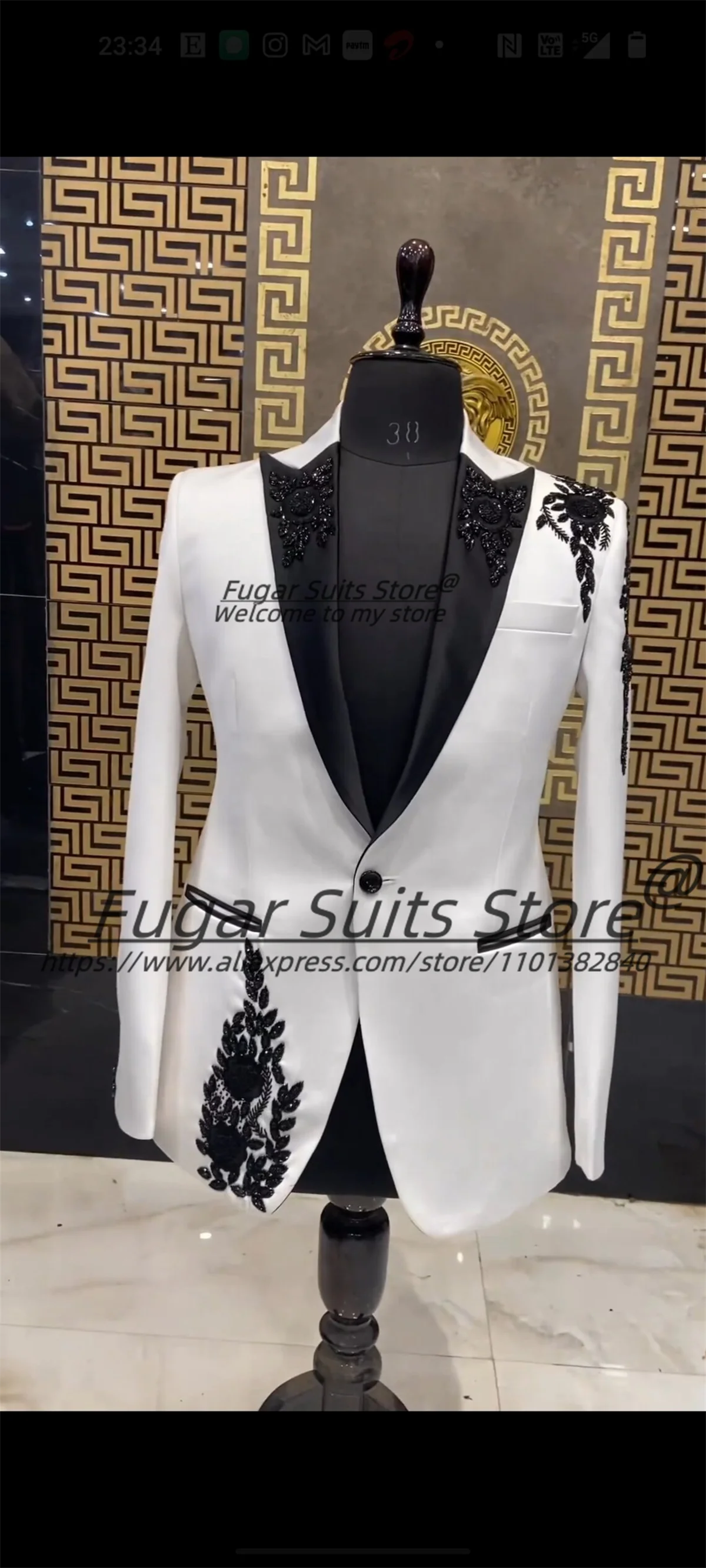 Royal Hand embroidered White Groom Wedding Tuxedos2Pcs Sets Customized Slim Fit Peak Lapel Male Prom Blazers Classic Ropa Hombre